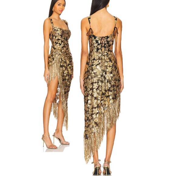 For Love And Lemons Anisa Black and Gold Midi Dress - Picture 2 of 8